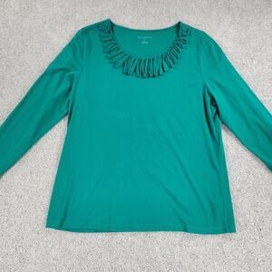 Talbots Womens Top XL Green Ruffle‎ Neck Detail Long Sleeve Blouse Shirt